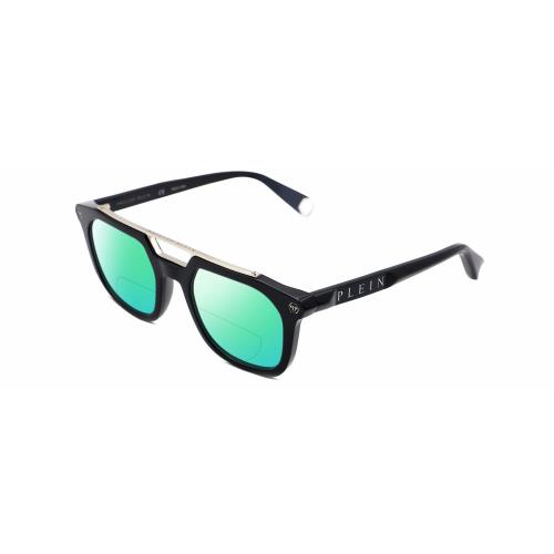 Philipp Plein SPP001M Unisex Square Polarized Bifocal Sunglass Black Silver 51mm Green Mirror