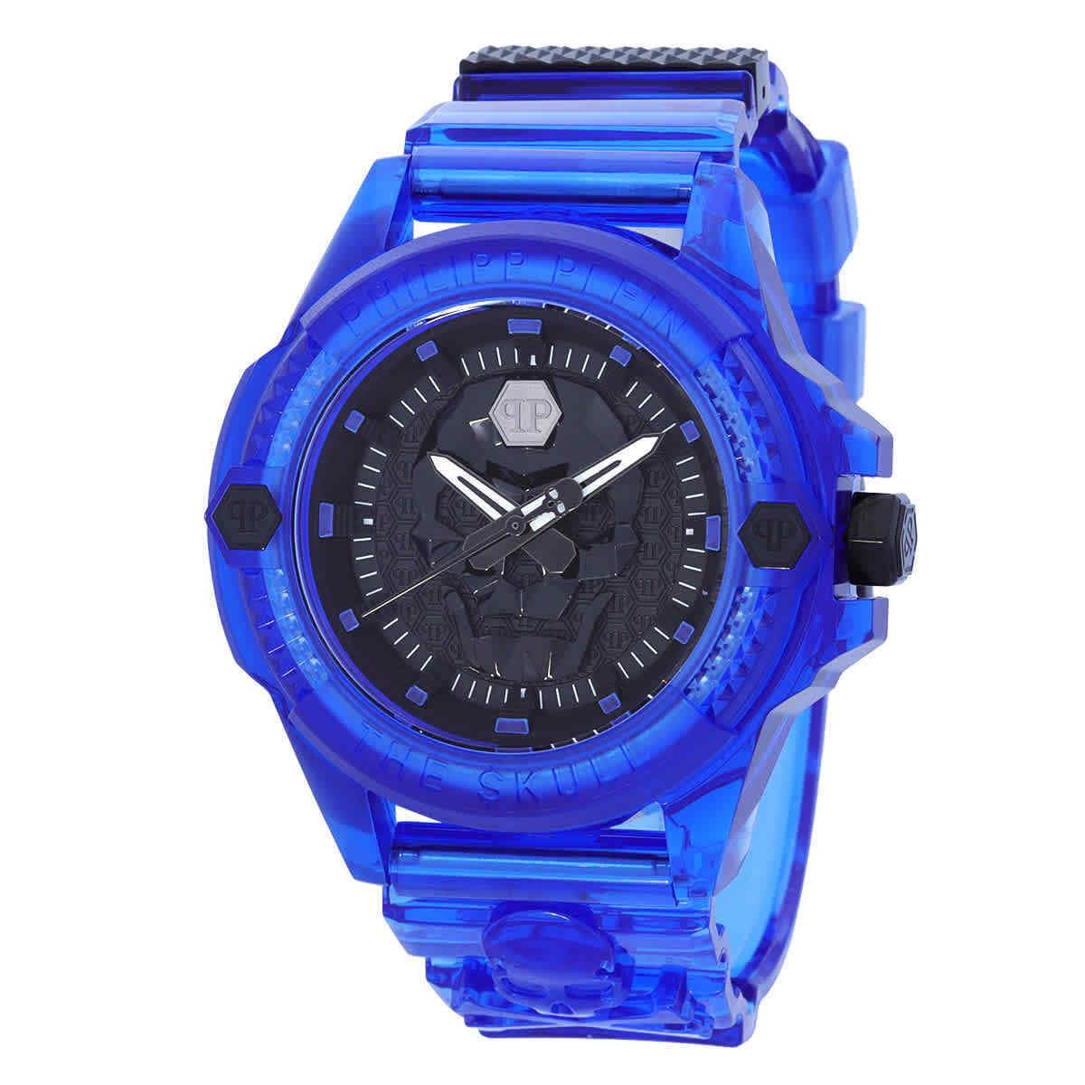 Philipp Plein The Skull Quartz Black Dial Men`s Watch PWWAA0323 - Dial: Black, Band: Transparent Blue, Bezel: Transparent Blue