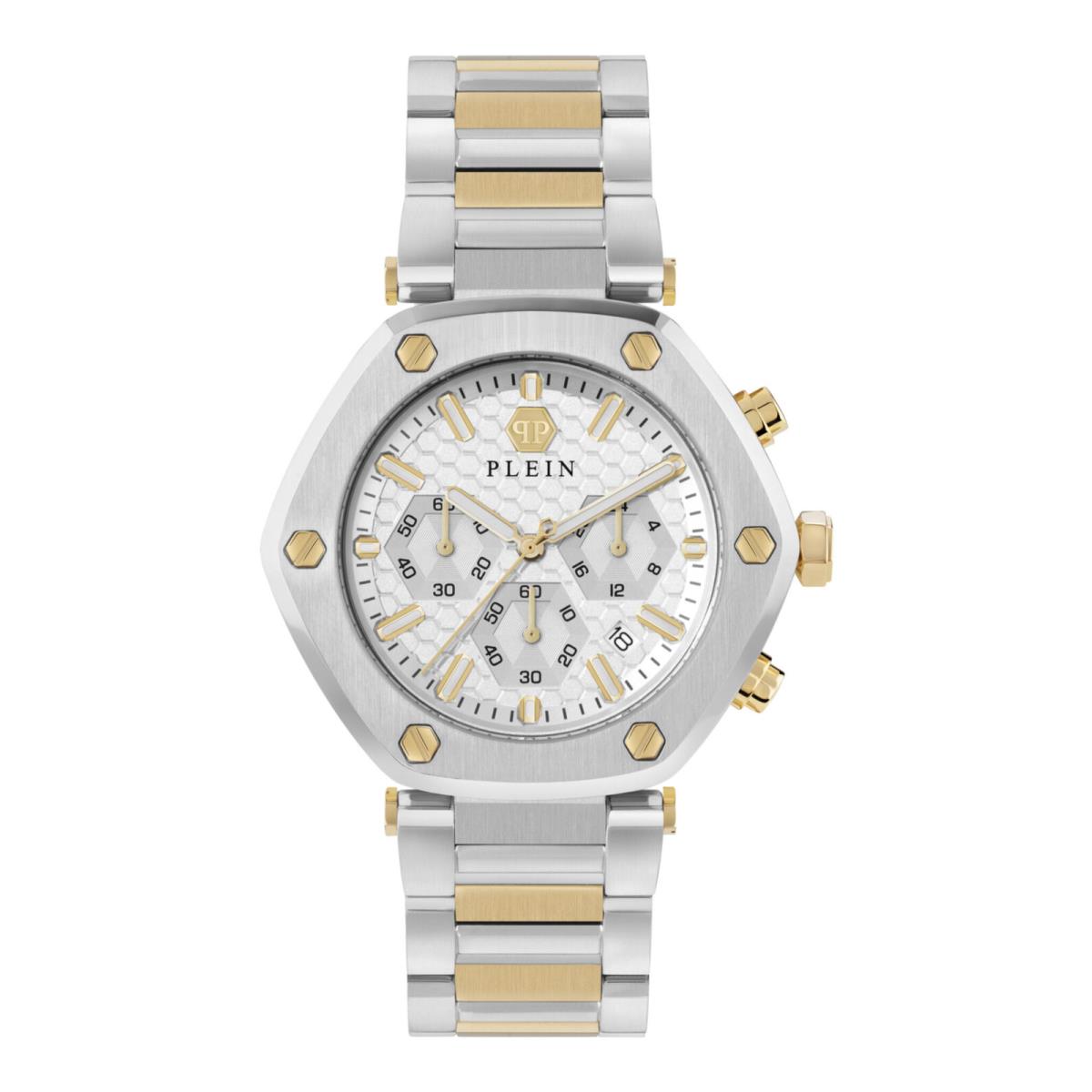 Philipp Plein Mens The Hexagon Two Tone 42mm Bracelet Fashion Watch - Dial: Silver, Band: Silver, Bezel: Silver