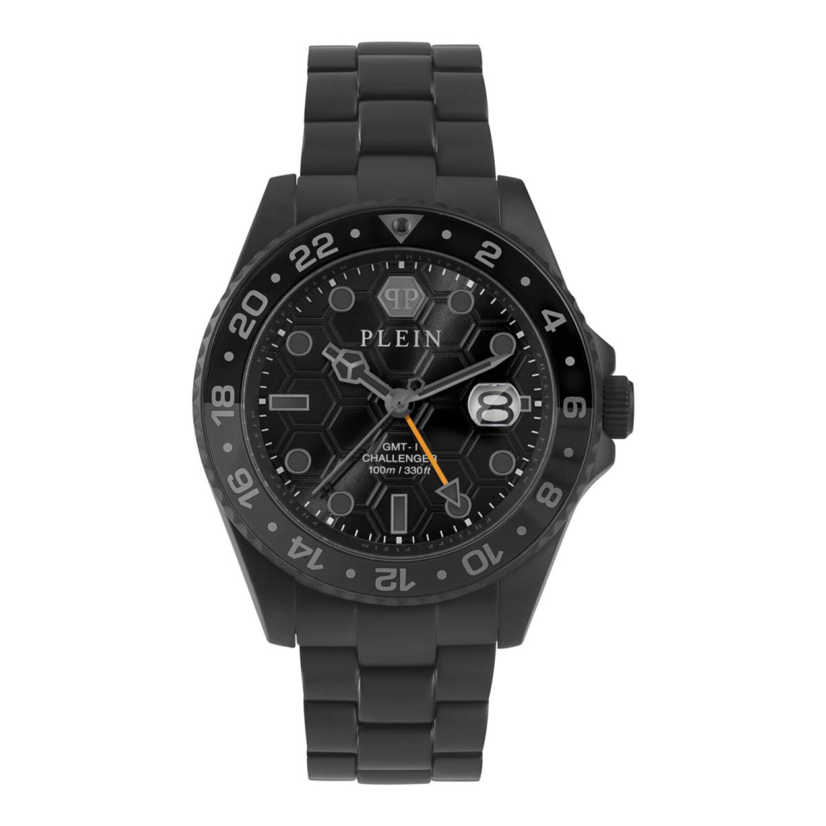 Philipp Plein Mens Gmt-i Challenger Black 44mm Bracelet Fashion Watch - Dial: Black, Band: Black, Bezel: Black