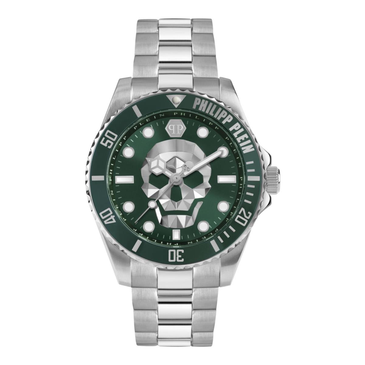 Philipp Plein Mens The $kull Stainless Steel 44mm Bracelet Fashion Watch - Dial: Green, Band: Silver