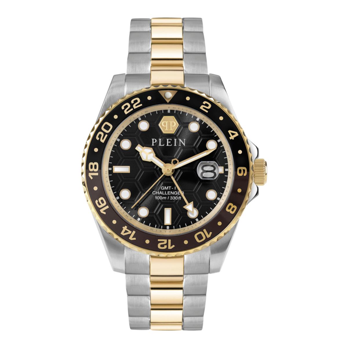 Philipp Plein Mens Gmt-i Challenger Two Tone 44mm Bracelet Fashion Watch - Dial: Black, Band: Silver, Bezel: Black