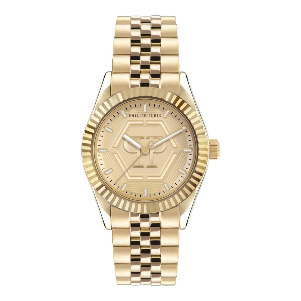 Philipp Plein Womens Date Superlative Gold 38mm Bracelet Fashion Watch - Dial: Gold, Band: Gold, Bezel: Gold