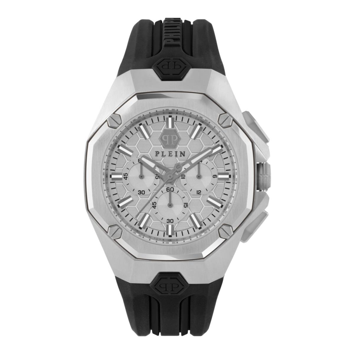 Philipp Plein Mens Octagon Stainless Steel 44mm Strap Fashion Watch - Dial: Gray, Band: Black, Bezel: Grey