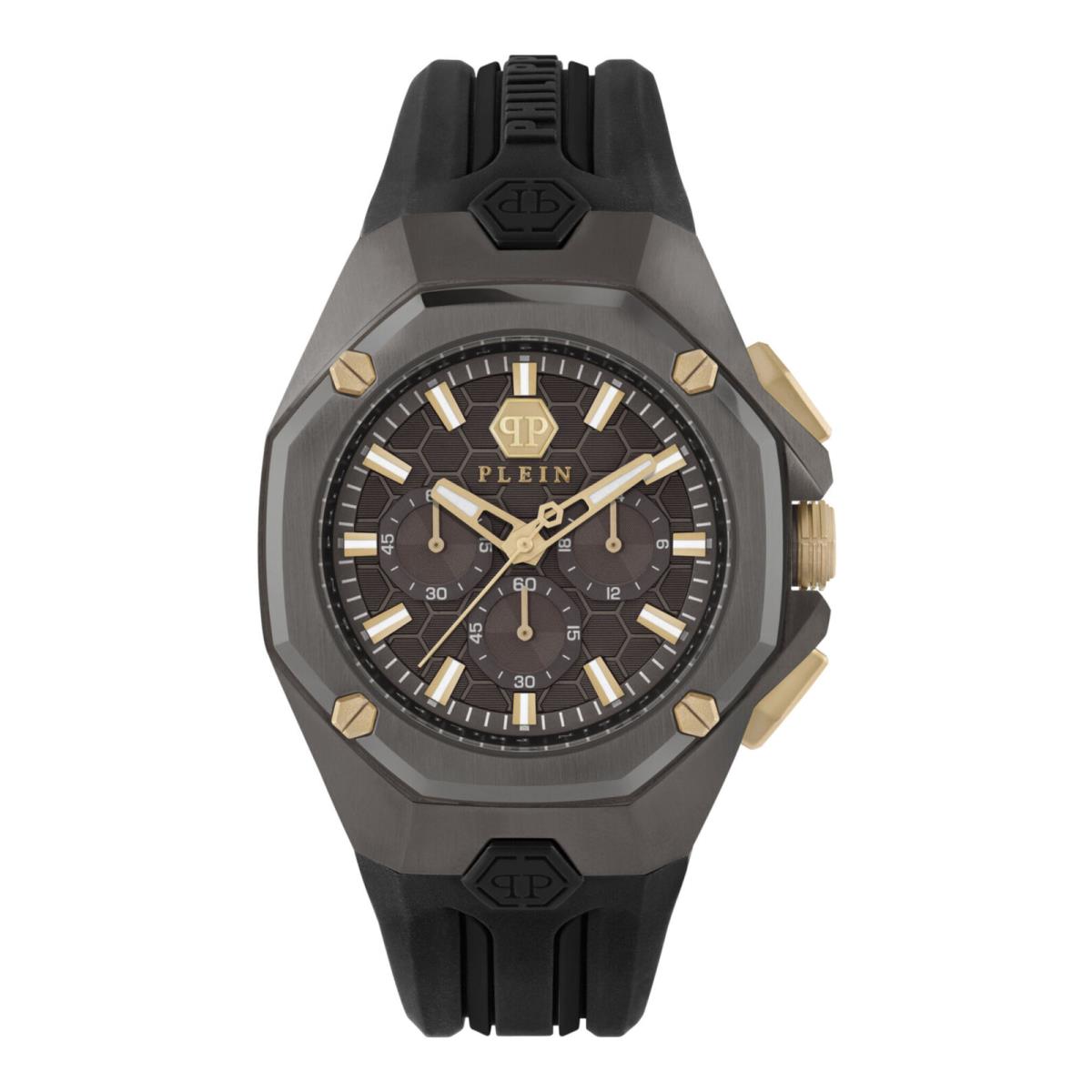 Philipp Plein Mens Octagon Brown 44mm Strap Fashion Watch - Dial: Brown, Band: Black, Bezel: Brown