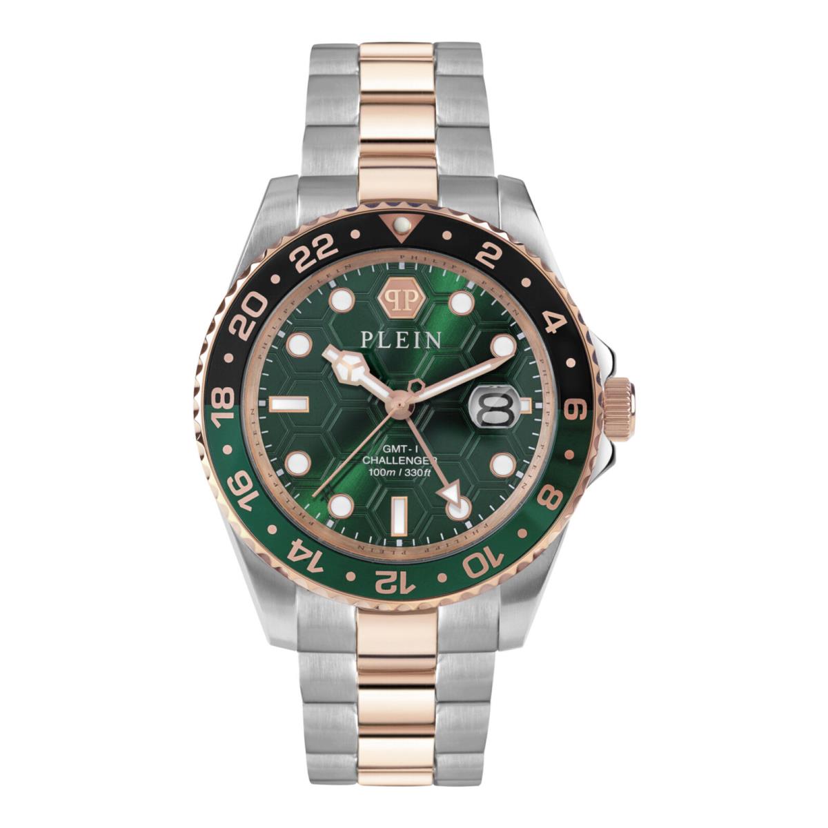 Philipp Plein Mens Gmt-i Challenger Two Tone 44mm Bracelet Fashion Watch - Dial: Green, Band: Silver, Bezel: Green