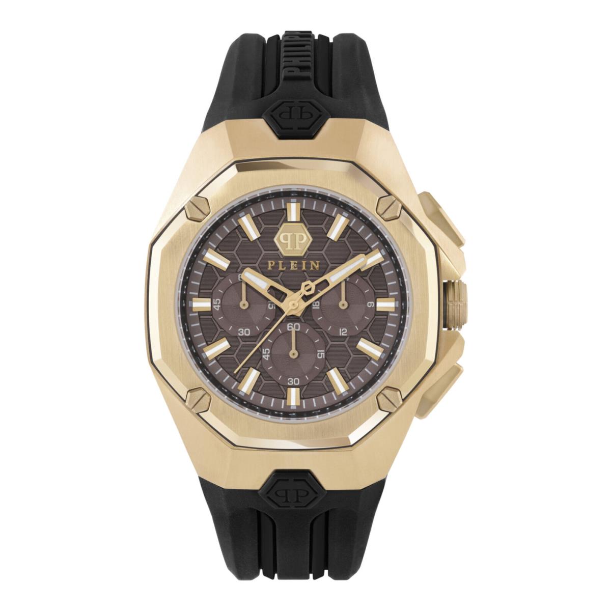 Philipp Plein Mens Octagon Gold 44mm Strap Fashion Watch - Dial: Beige, Band: Black, Bezel: Beige