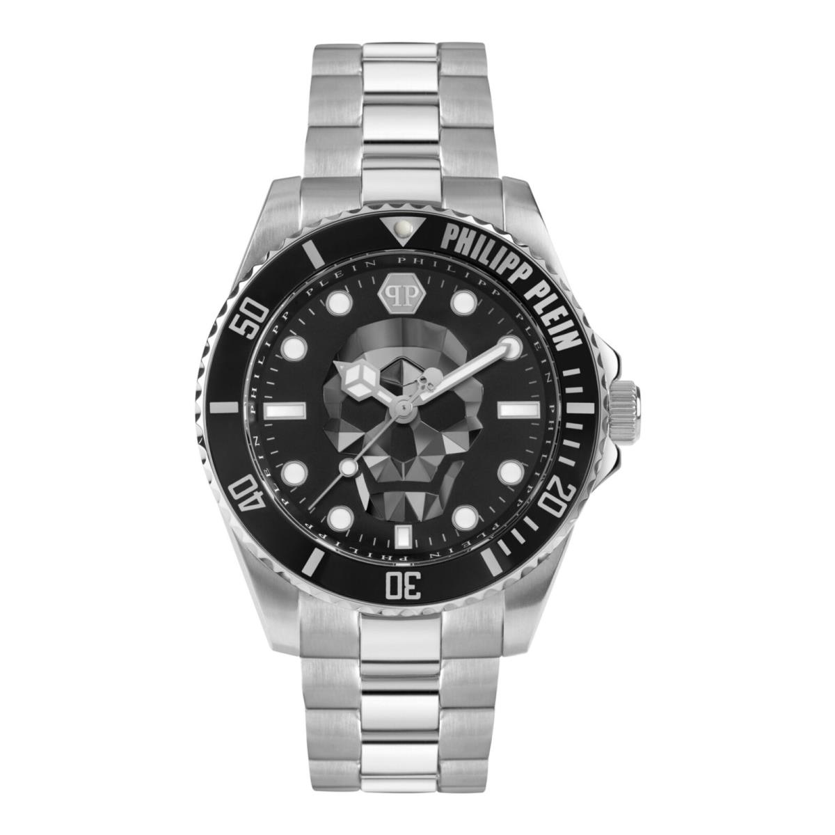 Philipp Plein Mens The $kull Stainless Steel 44mm Bracelet Fashion Watch - Dial: Black, Band: Silver