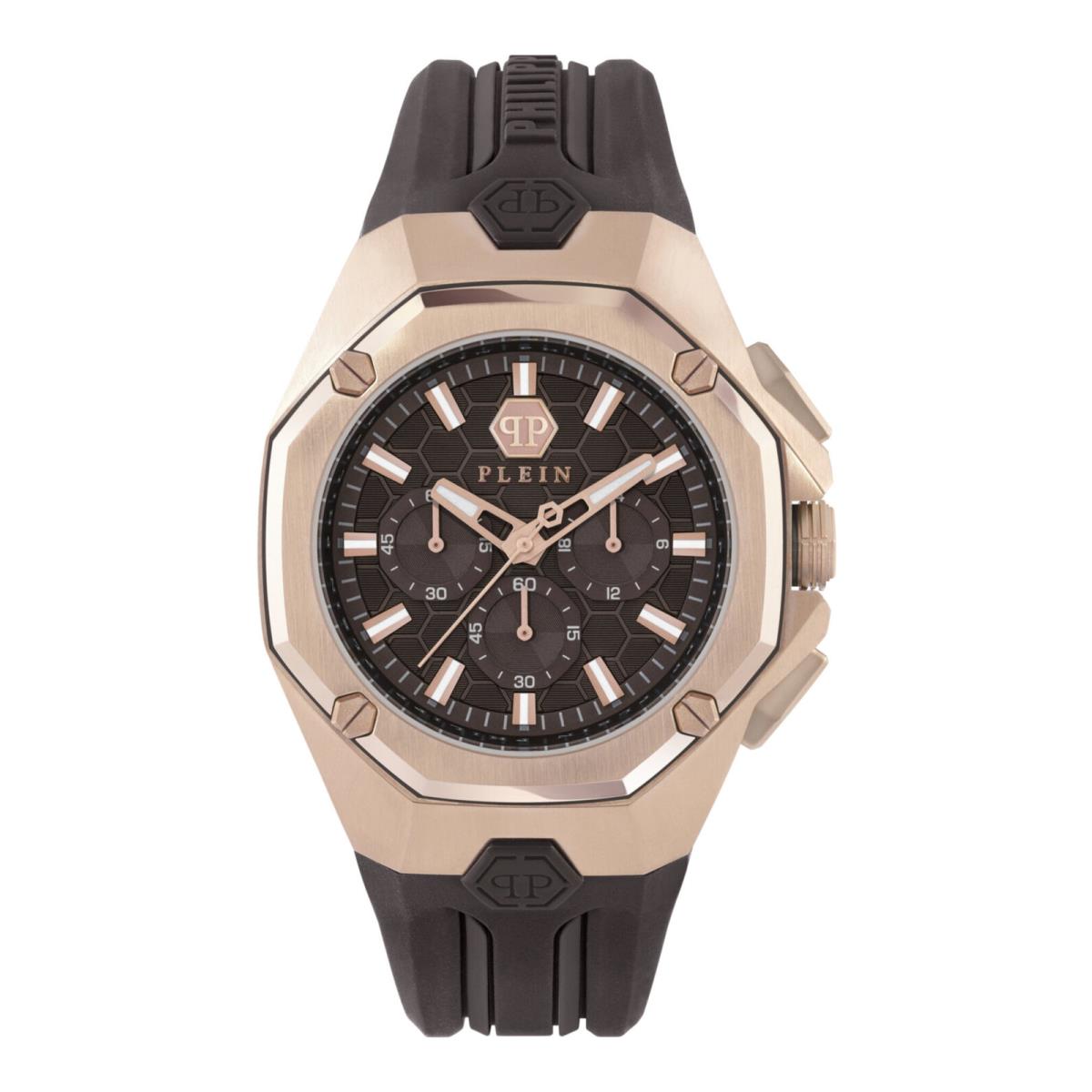 Philipp Plein Mens Octagon Rosegold 44mm Strap Fashion Watch - Dial: Brown, Band: Black, Bezel: Brown