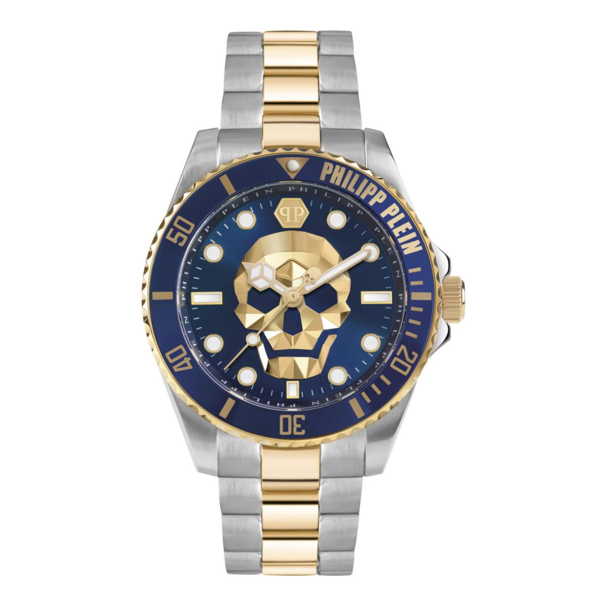 Philipp Plein Mens The $kull Two Tone 44mm Bracelet Fashion Watch - Dial: Blue, Band: Silver