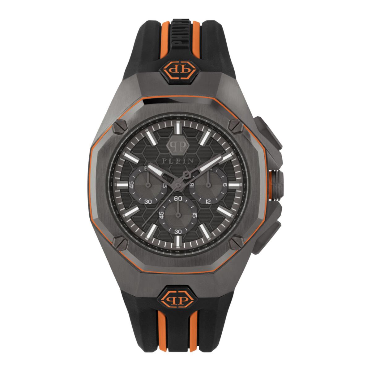 Philipp Plein Mens Octagon Gun 44mm Strap Fashion Watch - Dial: Gray, Band: Black, Bezel: Grey