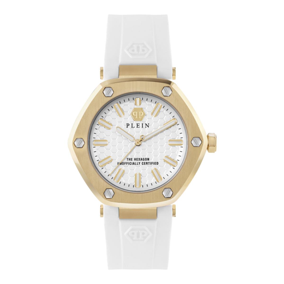 Philipp Plein Womens The Hexagon Gold 38mm Strap Fashion Watch - Dial: Silver, Band: White, Bezel: Gold