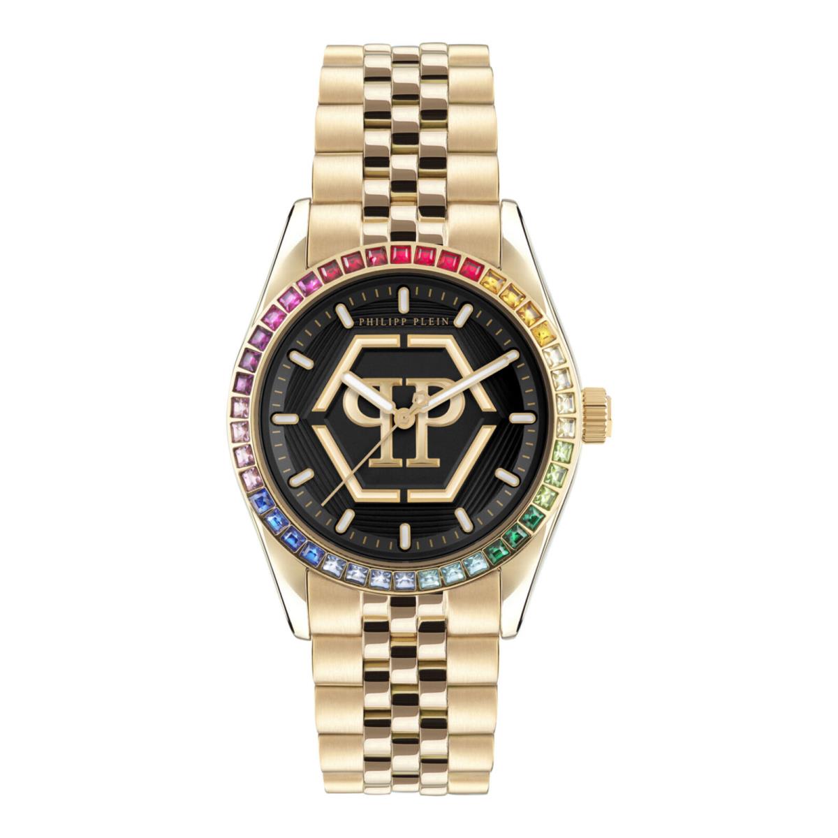 Philipp Plein Womens Date Superlative Gold 38mm Bracelet Fashion Watch - Dial: Black, Band: Gold, Bezel: Gold