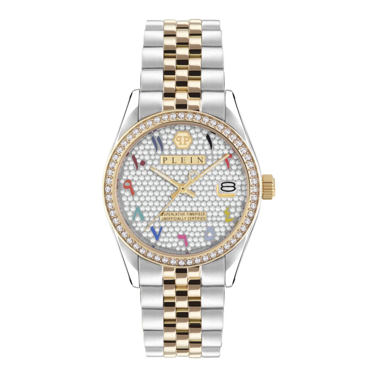 Philipp Plein Womens Date Superlative Two Tone 38mm Bracelet Fashion Watch - Dial: Silver, Band: Silver, Bezel: Gold