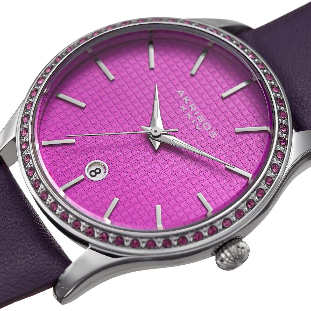 Women`s Akribos Xxiv AK964PU Silver Round Case Date Purple Leather Strap Watch