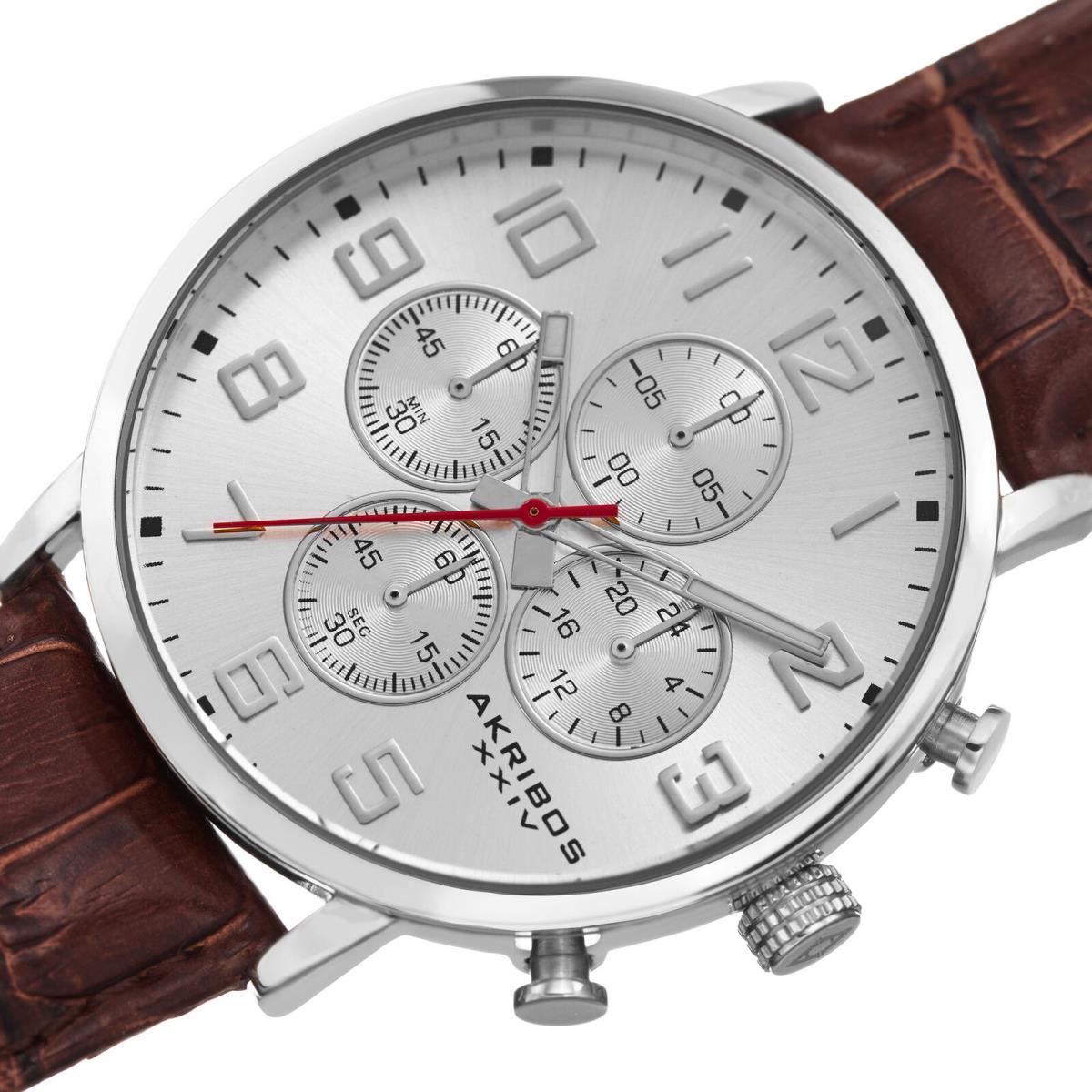 Men`s Akribos Xxiv AK854SSBR Silver-tone Chronograph Brown Leather Strap Watch