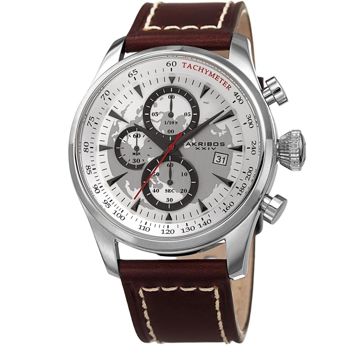 Men`s Akribos Xxiv AK915SS Chronograph Brown Leather with White Stitching Watch