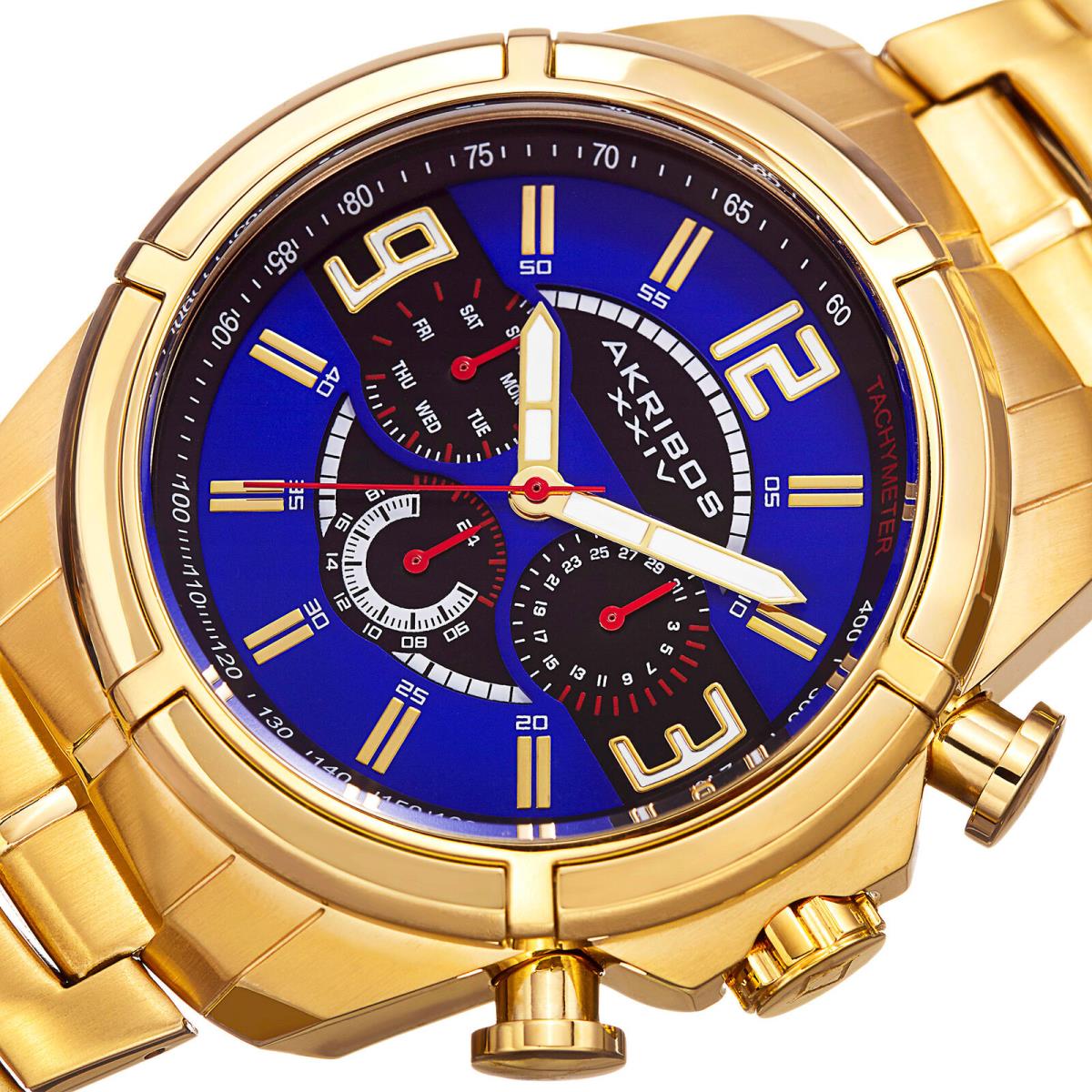 Men`s Akribos Xxiv AK832YGBU Blue Dial Two Time Zone Gold-tone Bracelet Watch