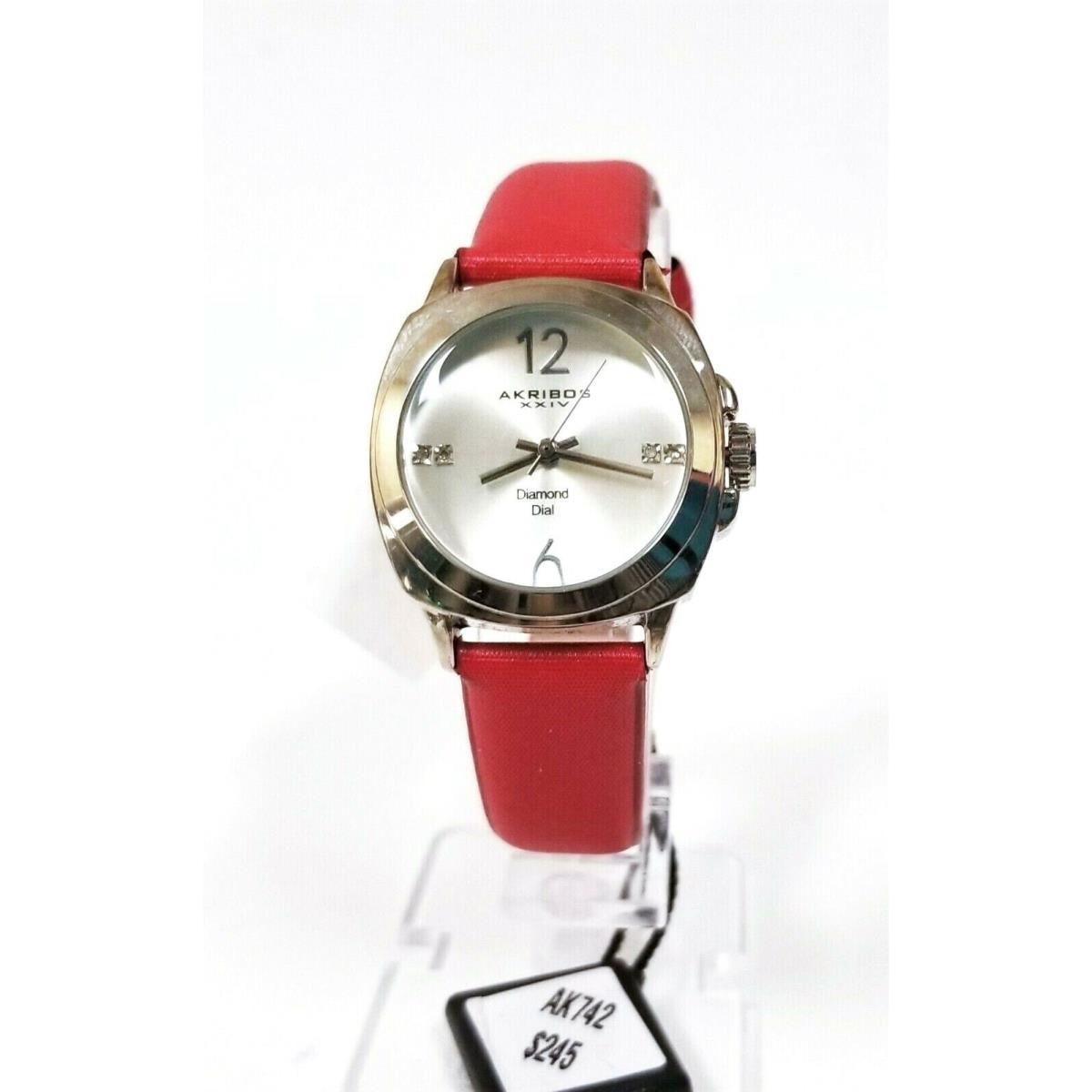 Akribos Xxiv Silver Tone Red Leather Band Lady`s Watch AK742