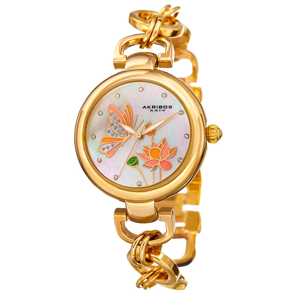 Women`s Akribos Xxiv AK934YG Mother of Pearl Butterfly Dial Design Link Watch