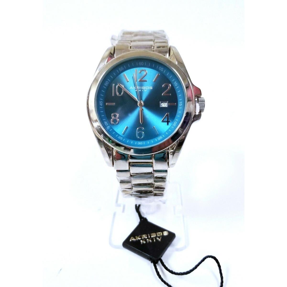 New-akribos Xxiv Silver Tone Blue Dial Bracelet Men`s Watch AK822