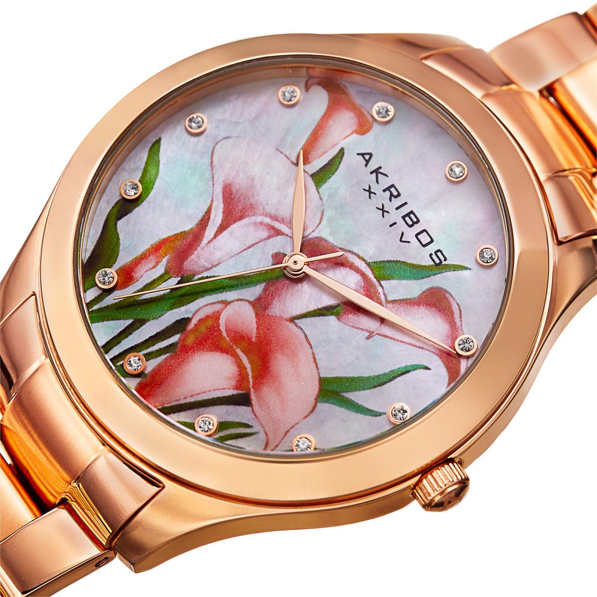 Women`s Akribos Xxiv AK953FRG White Mother of Pearl Calla Lilies Dial Watch