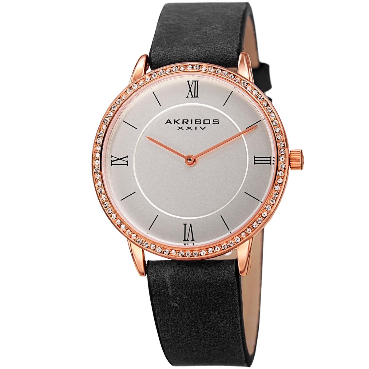 Women`s Akribos Xxiv AK924BK Swarovski Crystal Classic Black Leather Strap Watch