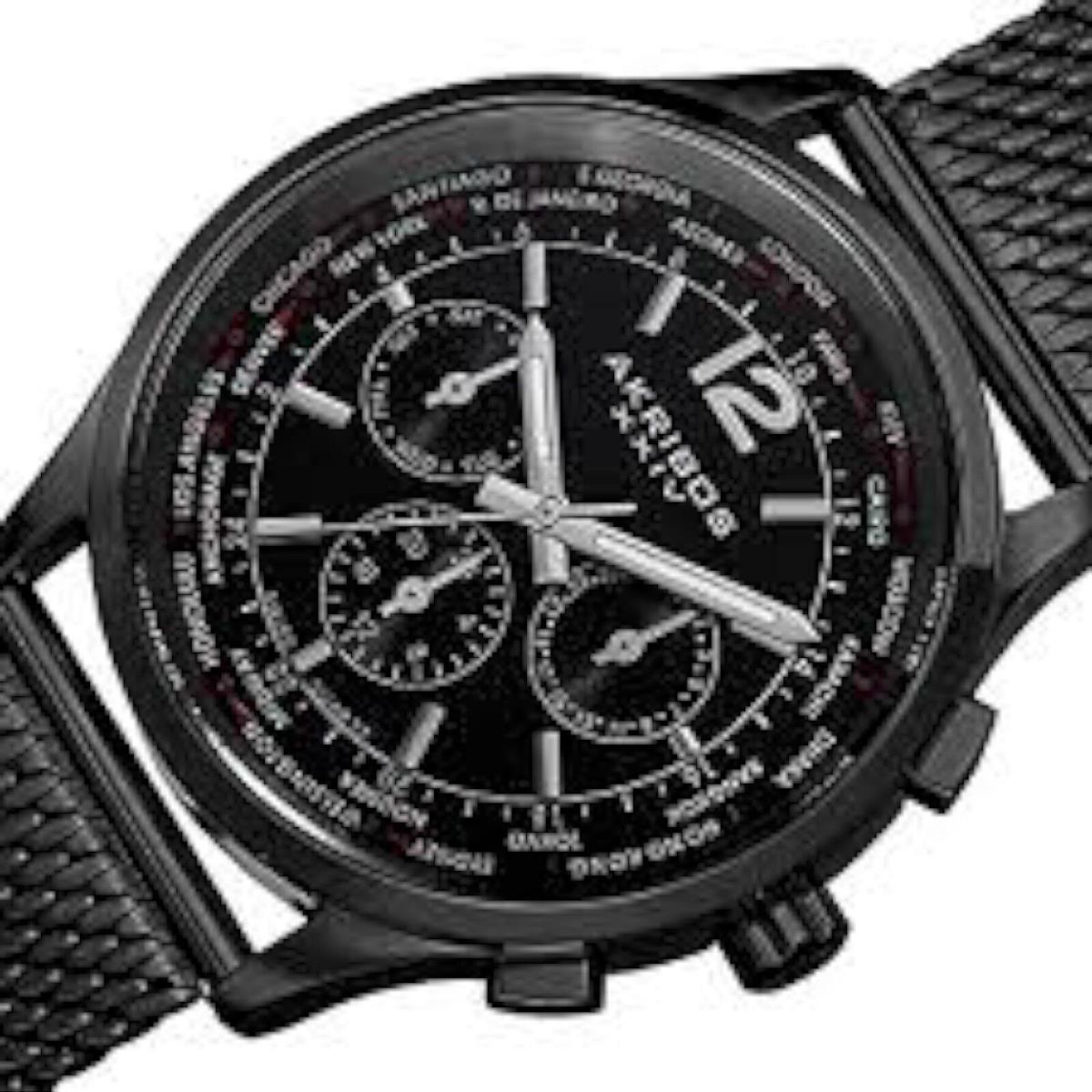 Akribos Xxiv AK716BK Mens Explorer Swiss Multifunction Blk Steel Mesh Watch