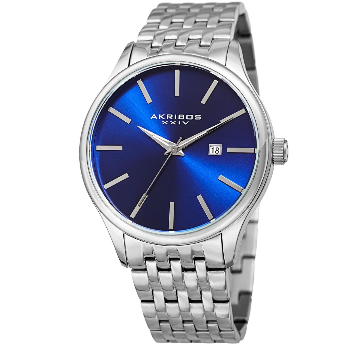 Men`s Akribos Xxiv AK941BU Blue Sunburst Dial Luminous Hands Date Bracelet Watch