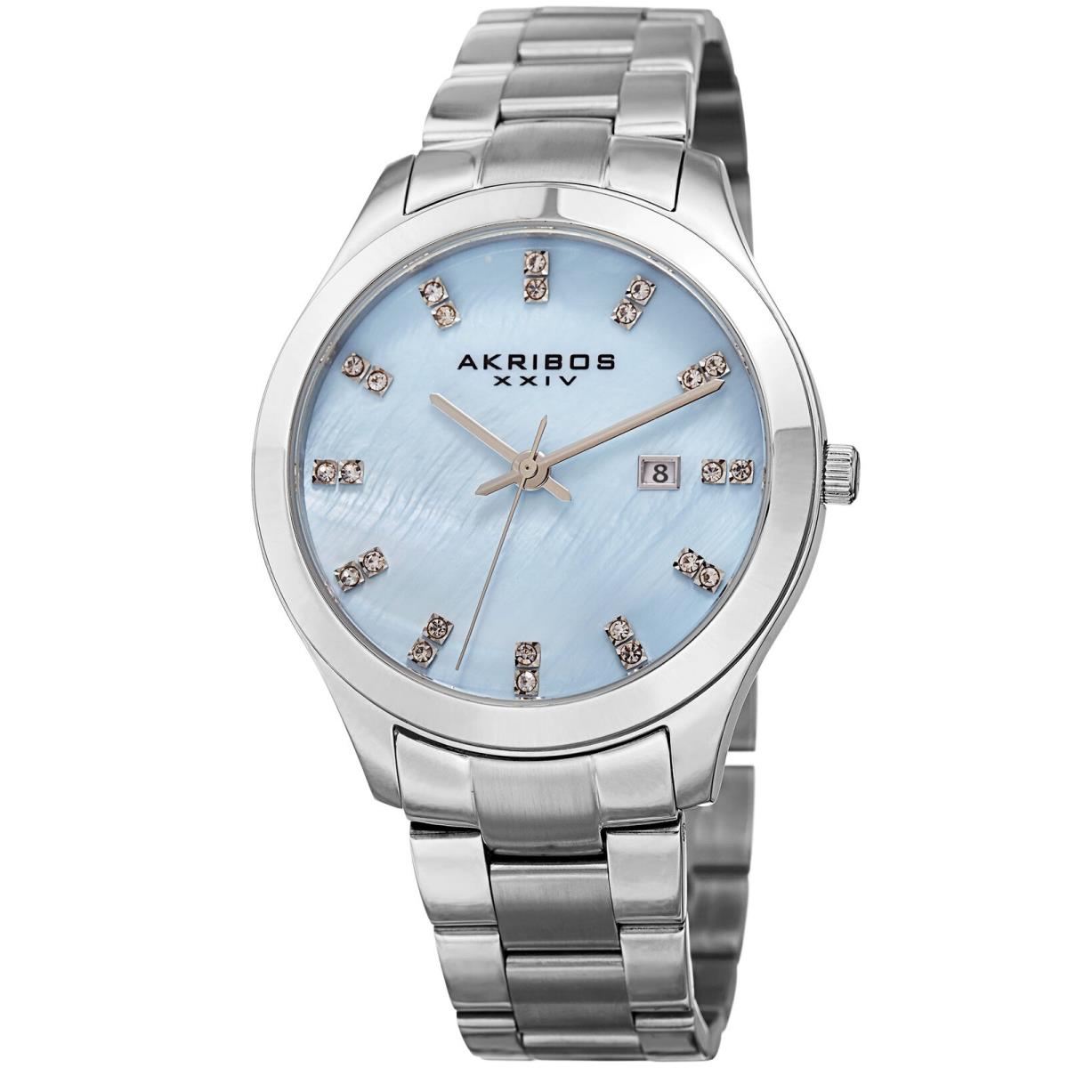 Women`s Akribos Xxiv AK954BU Light Blue Mother of Pearl Dial Date Bracelet Watch