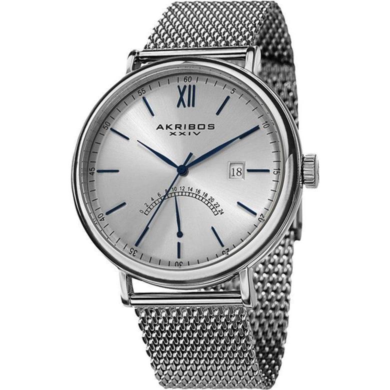 Akribos Xxiv AK731SSBU Gmt Retrograde Date Blue Accented Silvertone Mens Watch