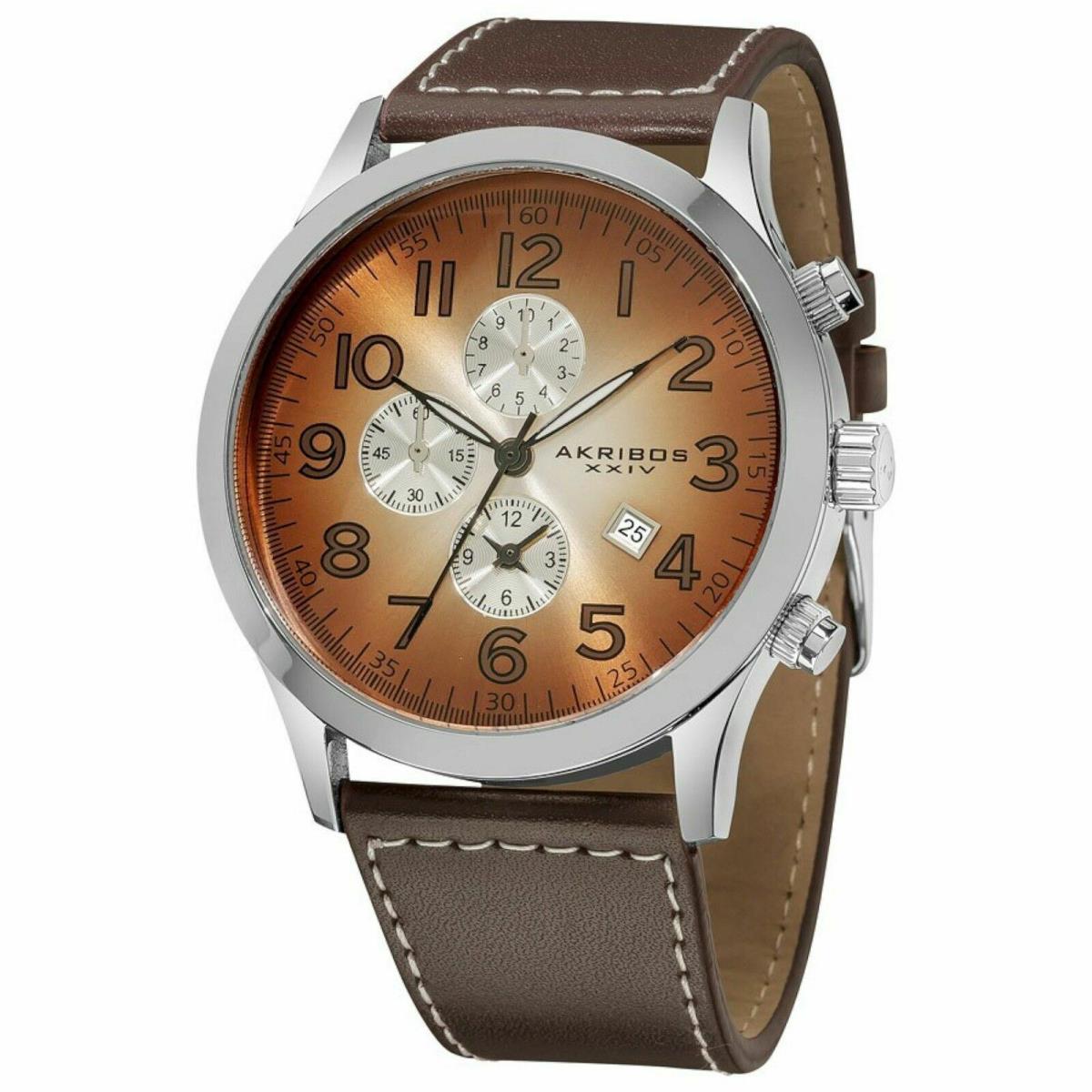 Akribos Xxiv AK603BR Men`s Radiant Dial Brown Stitched Leather Silver Watch