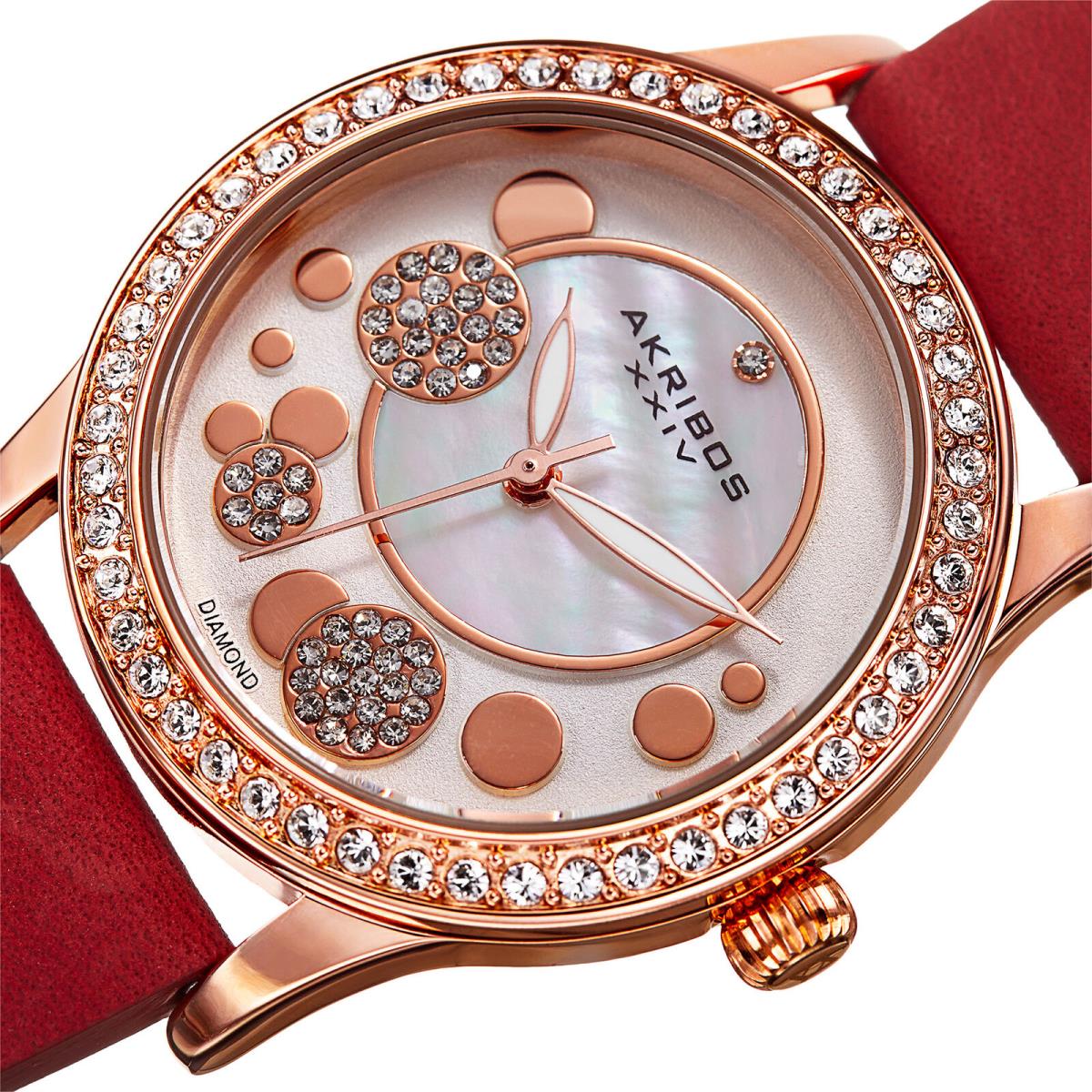 Women`s Akribos Xxiv AK843RD Crystal Bezel Diamond Dial Quartz Suede Strap Watch