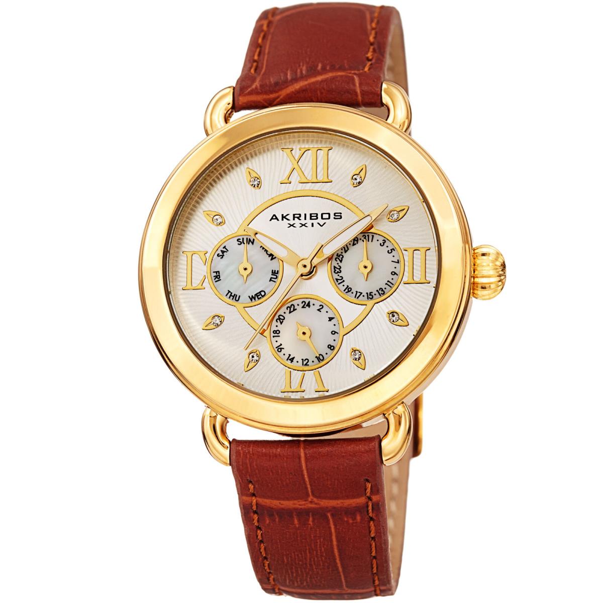 Women`s Akribos Xxiv AK1043YGBR Chronograph Swarovski Crystal Leather Watch