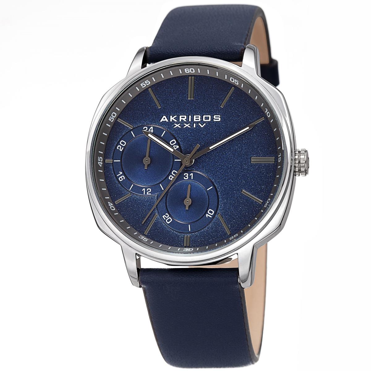 Spring Release Men`s Akribos Xxiv AK1022BU Multifunction Blue Leather Watch