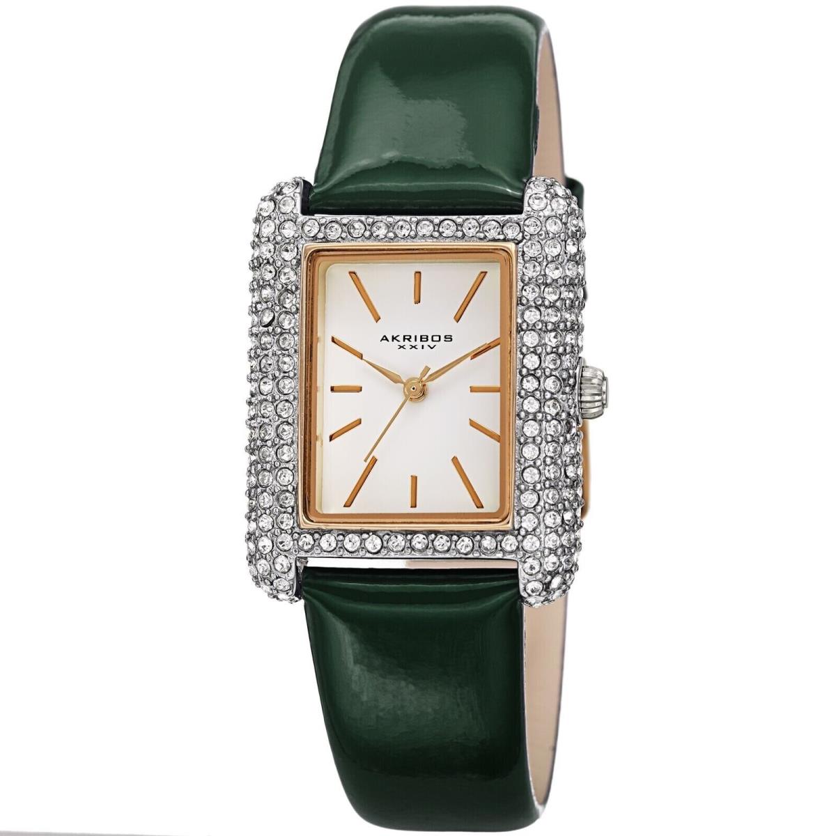 Women`s Akribos Xxiv Swarovski Crystals Tank Watch Patent Leather Band Green