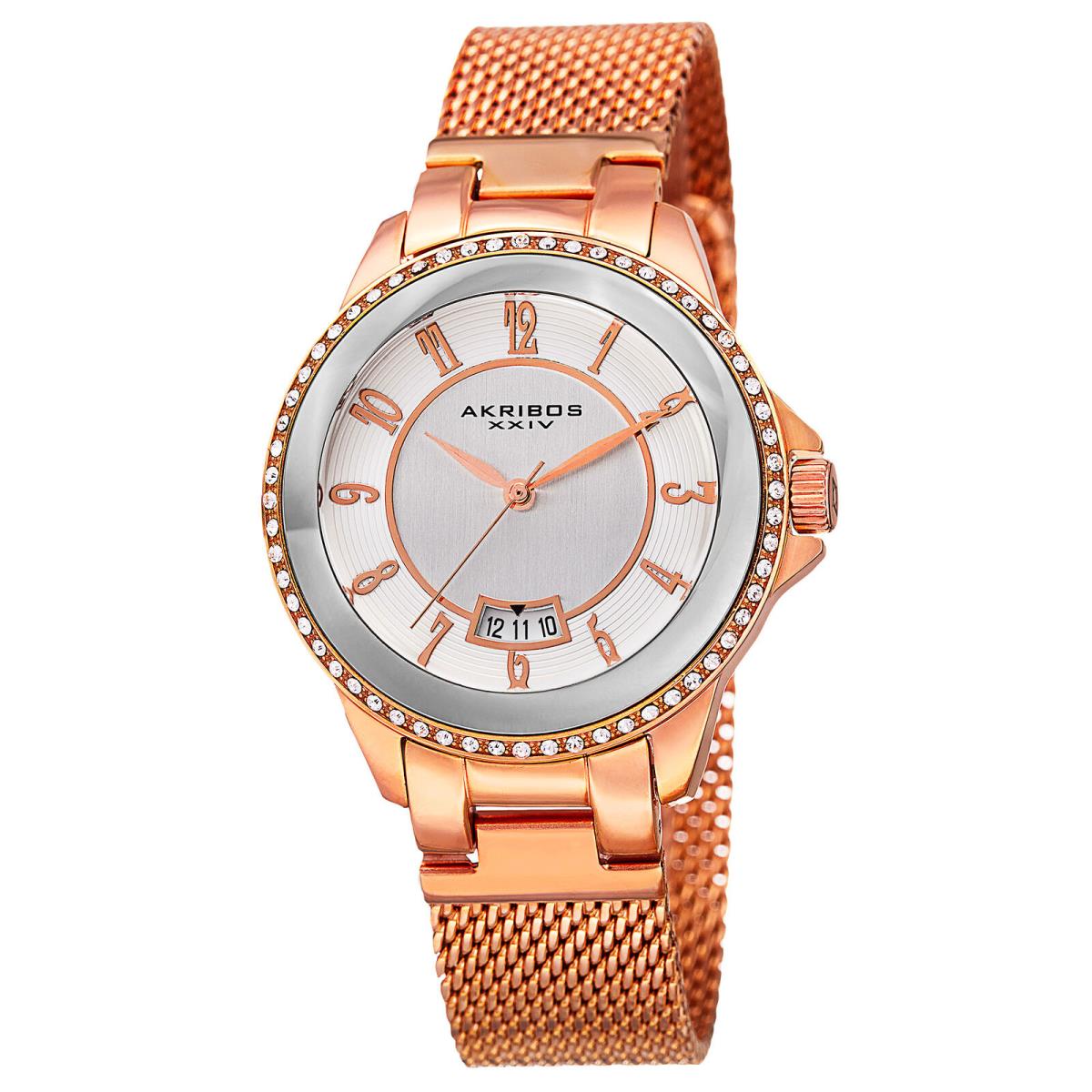 Women`s Akribos Xxiv AK840RG Rose-tone Crystal Bezel Steel Mesh Bracelet Watch