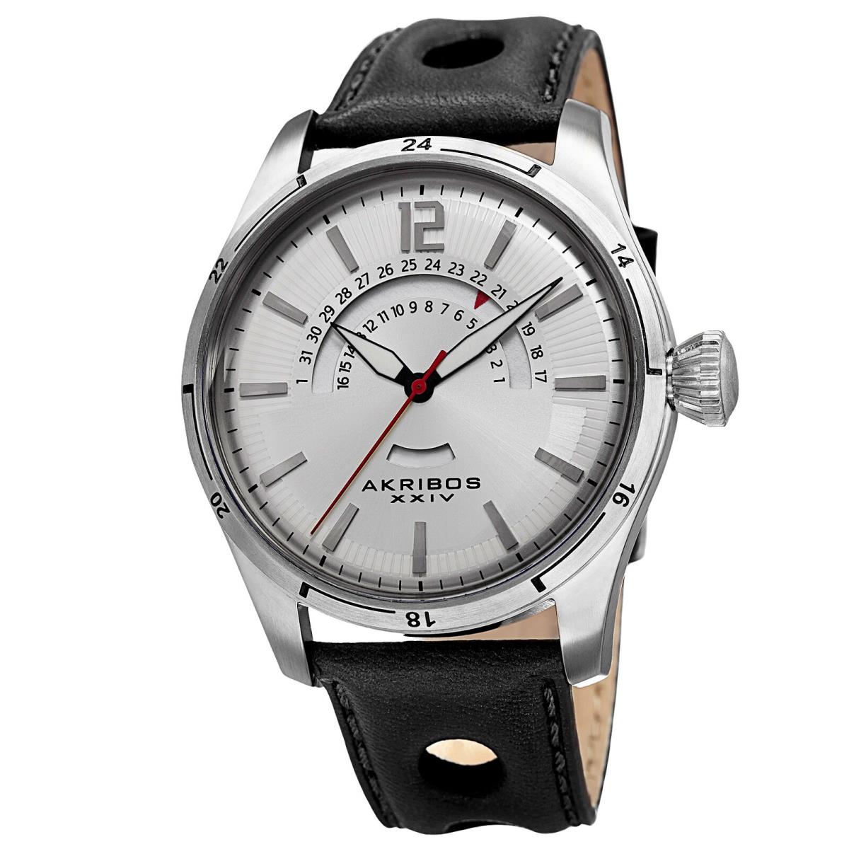 Men`s Akribos Xxiv AK850SS Silver-tone Retrograde Date Black Leather Strap Watch