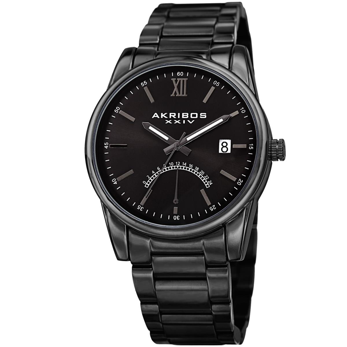 Men`s Akribos Xxiv AK962BK Black 24 Hour Indicator Retrograde Dial Date Watch