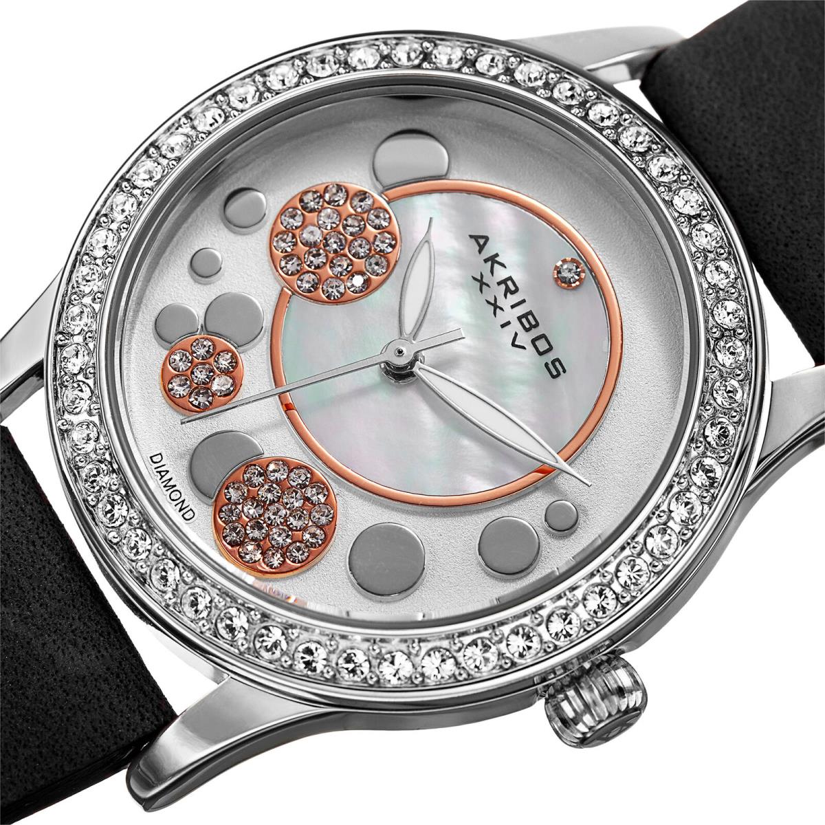 Women`s Akribos Xxiv AK843BK Crystal Bezel Diamond Dial Quartz Suede Strap Watch