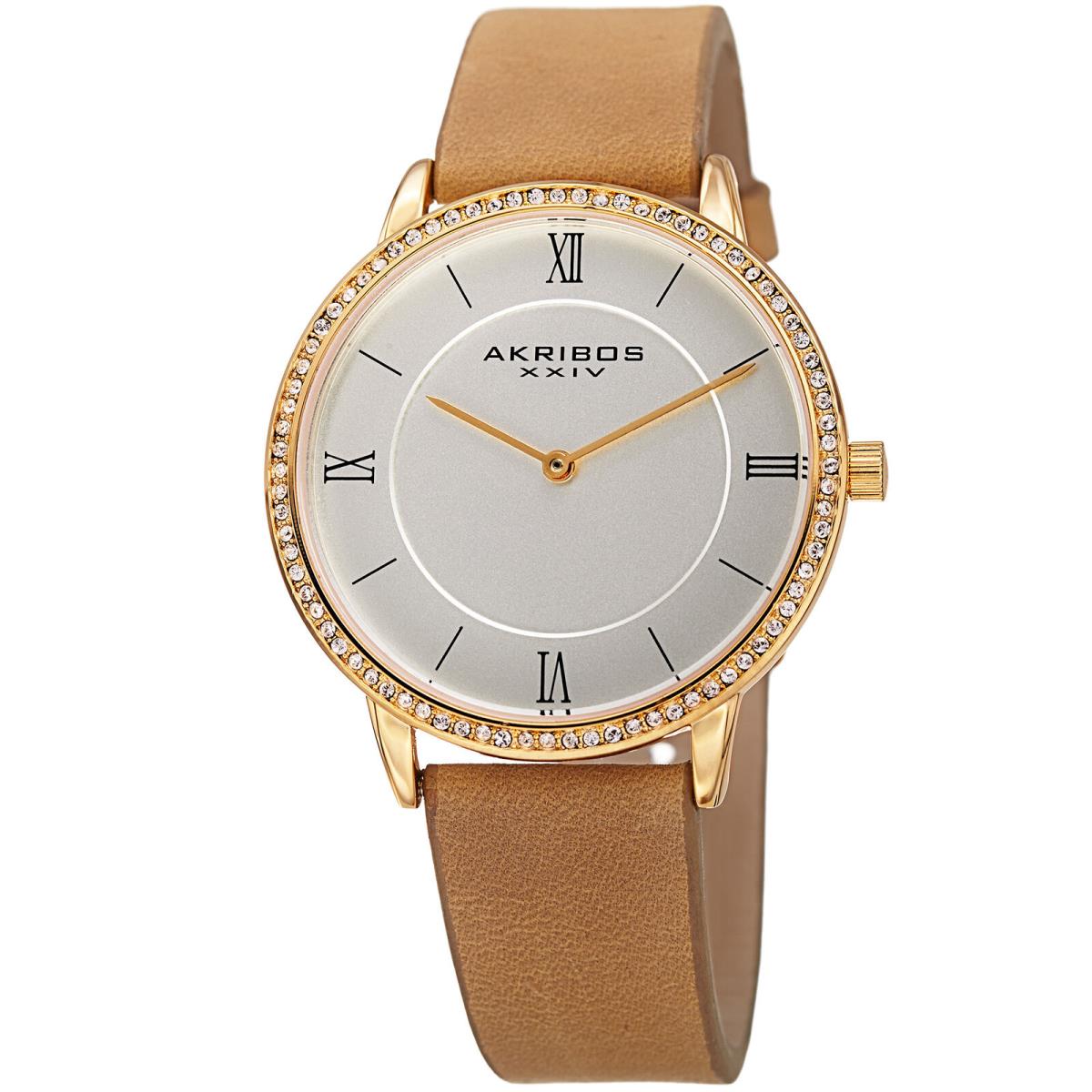 Women`s Akribos Xxiv AK924BR Swarovski Crystal Classic Brown Leather Strap Watch