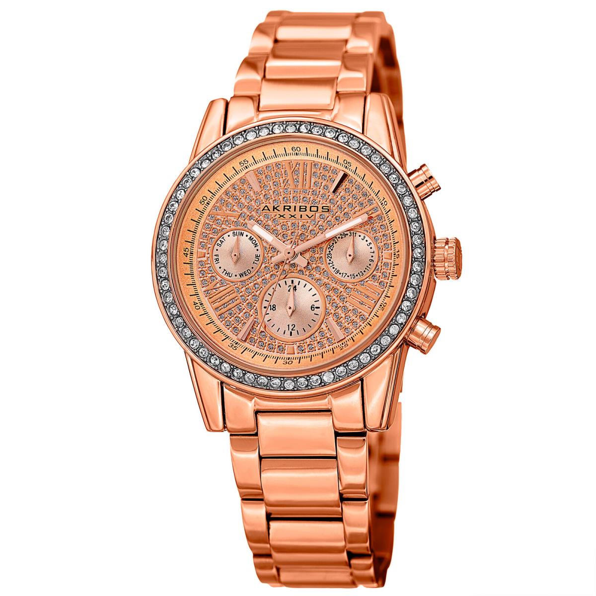 Women`s Akribos Xxiv AK926RG Multi-function Pave Dial Rose Steel Bracelet Watch