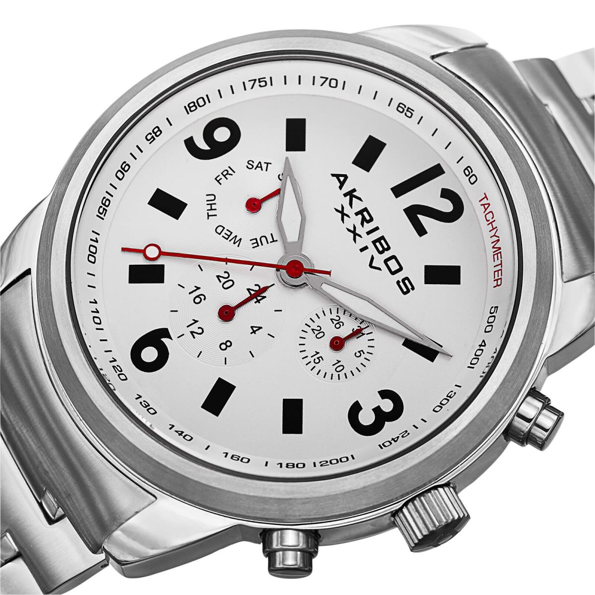 Men`s Akribos Xxiv AK783SSW Swiss Tachymeter White Dial Stainless Steel Watch