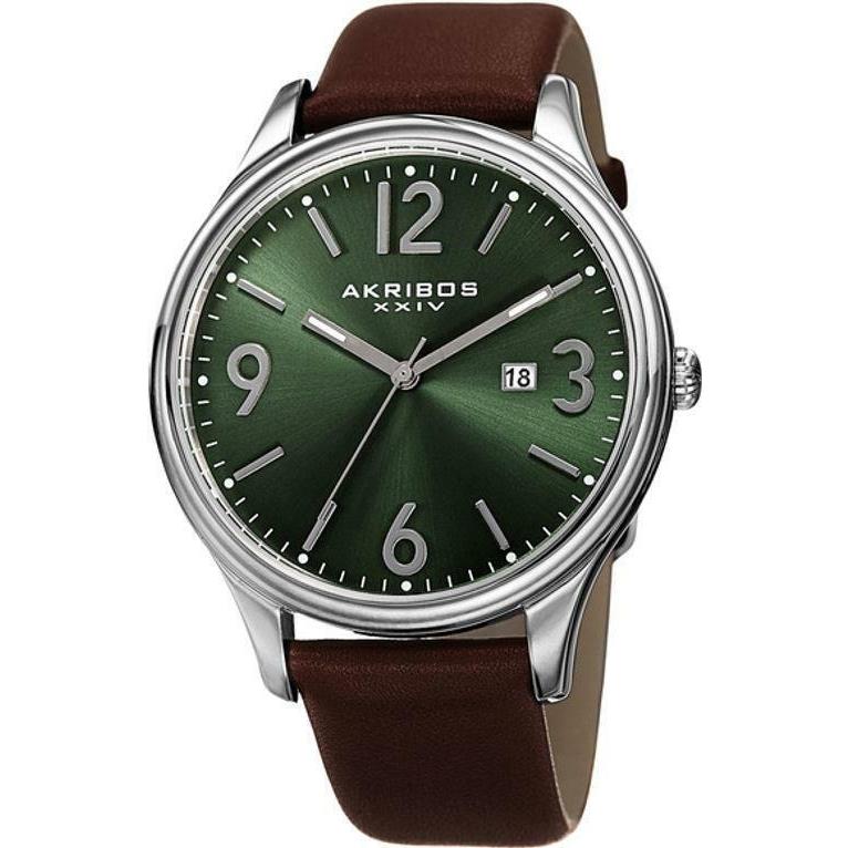 Akribos Xxiv AK869GN Date Arabic Numerals Leather Strap Green Dial Mens Watch