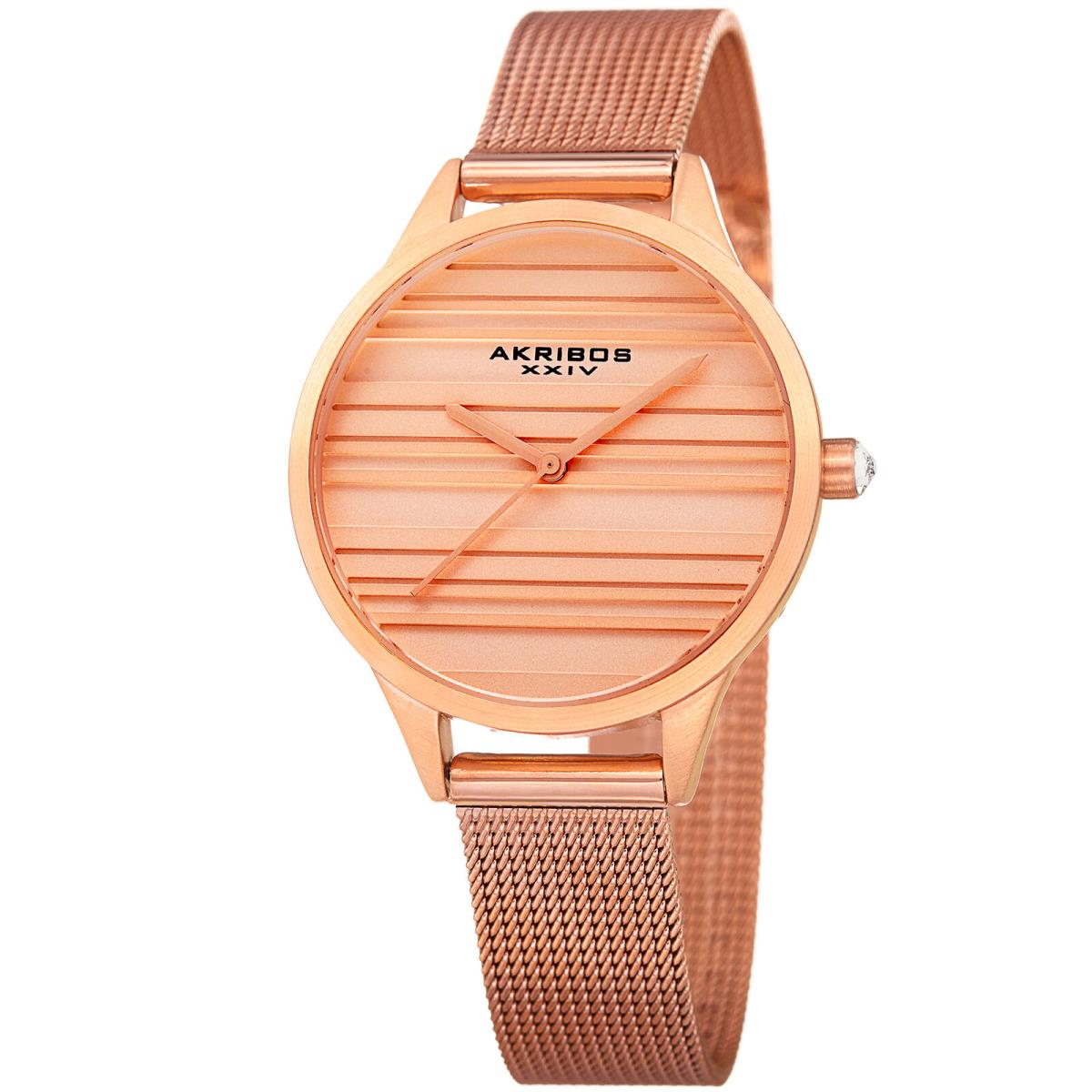 Womens`s Akribos Xxiv Ak1005RG Quartz Striated Rose-tone Mesh Bracelet Watch