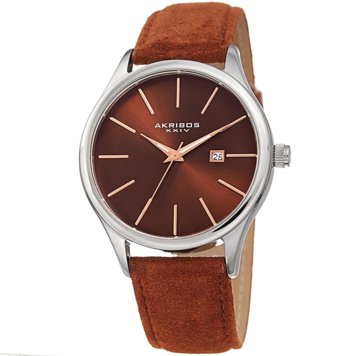 Akribos Xxiv Men`s AK1019SSBR Sunray Dial Camel Seude Leather Watch in Gift Box