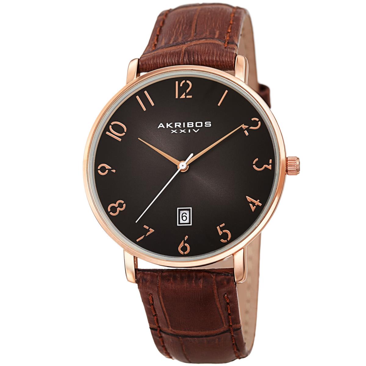 Akribos Xxiv Men`s AK1077RG Quartz Classic Date Gunmetal Crocodile Style Brown Leather Watch