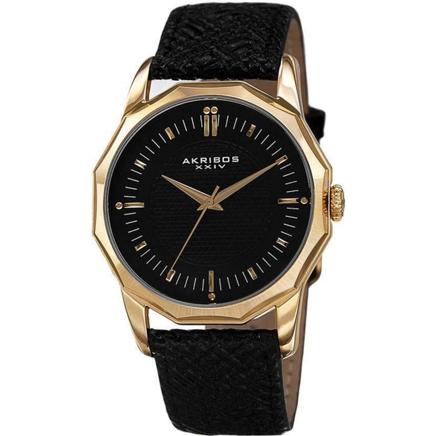 Akribos Xxiv AK825YGB Dodecagon Shaped Bezel Goldtone Case Black Mens Watch