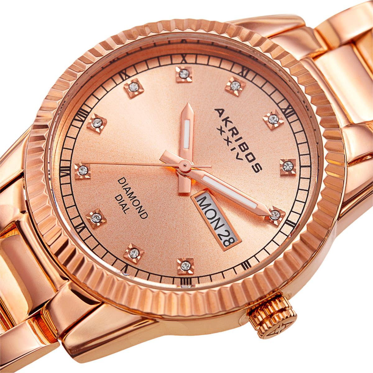 Women`s Akribos Xxiv AK965RG Rose Gold Round Case Diamond Dial Bracelet Watch