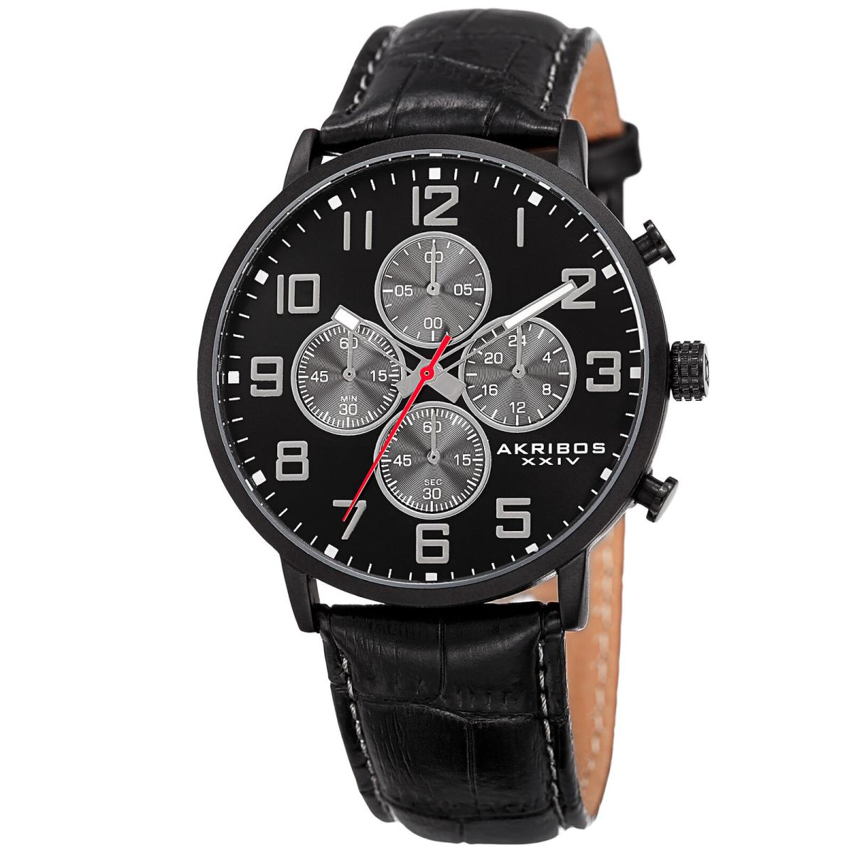 Men`s Akribos Xxiv AK854BK Black Chronograph Dial Black Leather Strap Watch